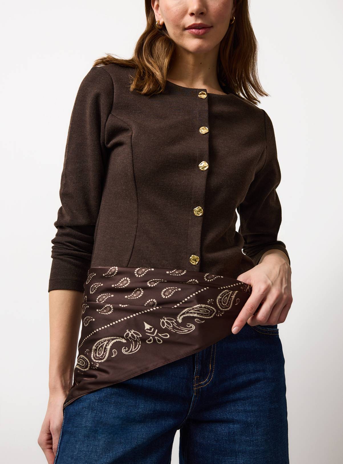 Chocolate Paisley Print Satin Scarf One Size - Image 1